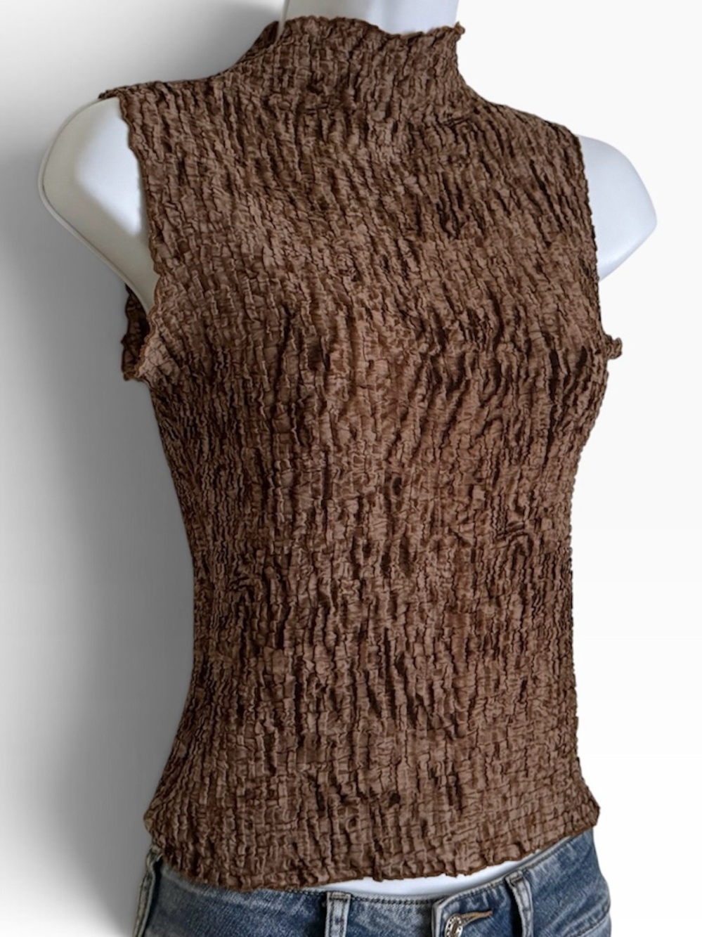 Vintage Y2K Brown Crinkle Textured Popcorn Tank Top Mock Neck One Size XS S M
